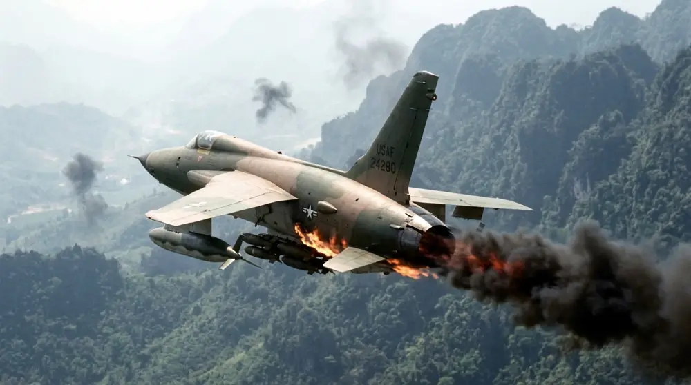 F-105 Thunderchief trailing fire and smoke over Vietnam — First Light by Dom Louis